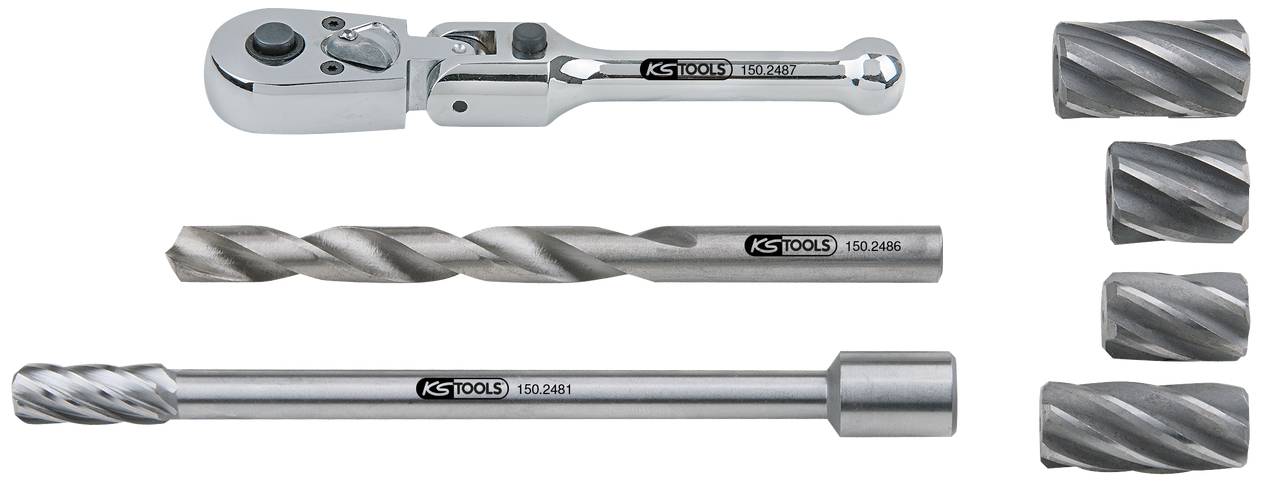 'KS Tools' Steckschlüsselsatz mit Ratsche, Bohrer und Aufsätzen. Ideal für präzise Handwerksarbeiten. Silberfarbenes Metall.