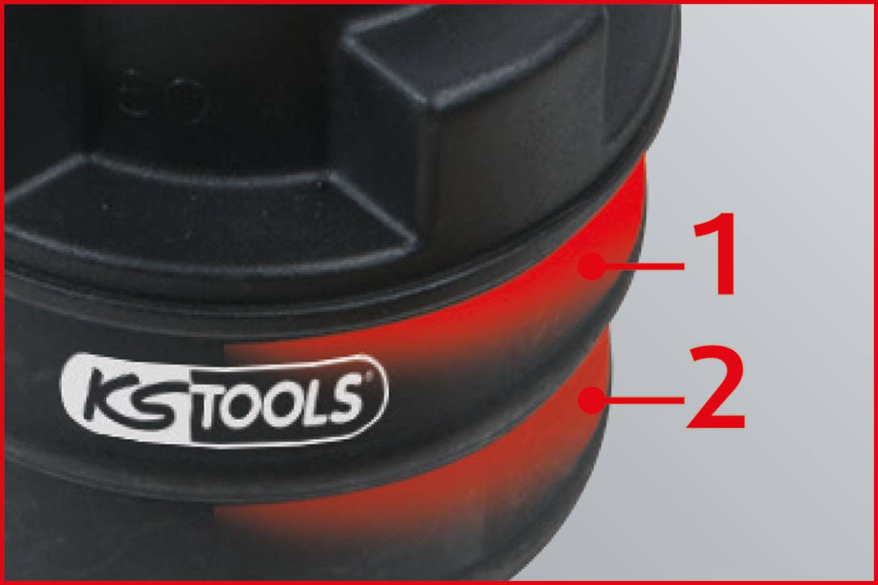 Nahaufnahme eines Werkzeugs mit der Aufschrift 'KS Tools', gekennzeichnet mit roten Markierungen 1 und 2 auf einem schwarzen Kunststoffgehäuse.