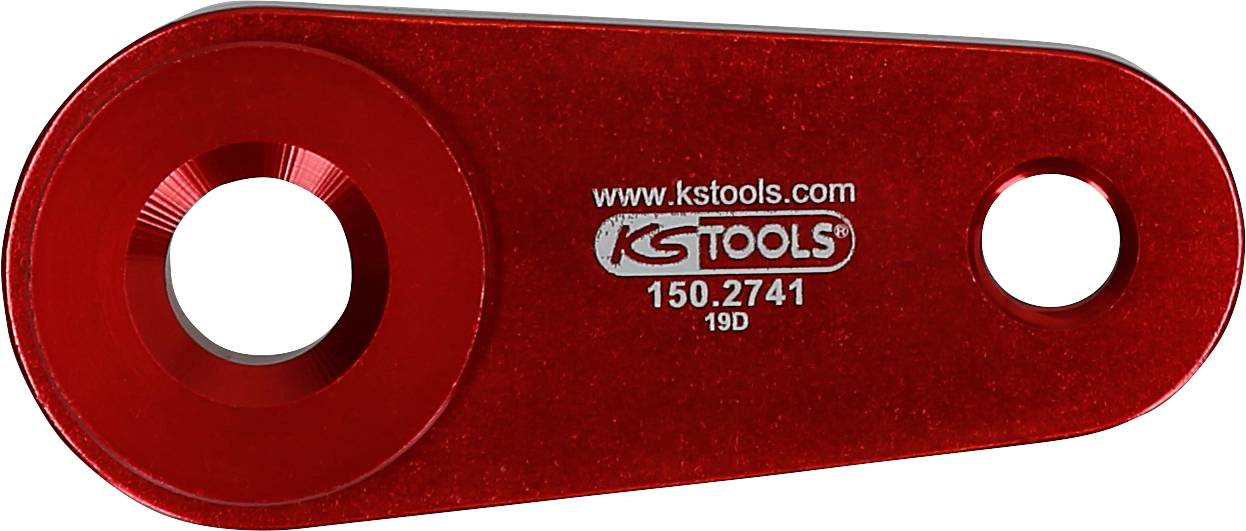 Rotes Werkzeug von KS Tools mit der Aufschrift 'www.kstools.com 150.2741 19D', enthält zwei Löcher für Zubehör oder Montage.