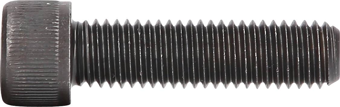 Eine schwarze Metallschraube mit Sechskantkopf und vollständiger Gewindelänge, horizontal ausgerichtet.
