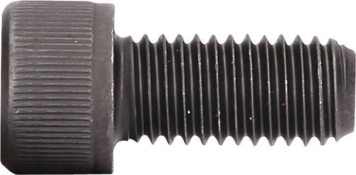 Eine schwarze, geriffelte Schraube mit einem zylindrischen Kopf.