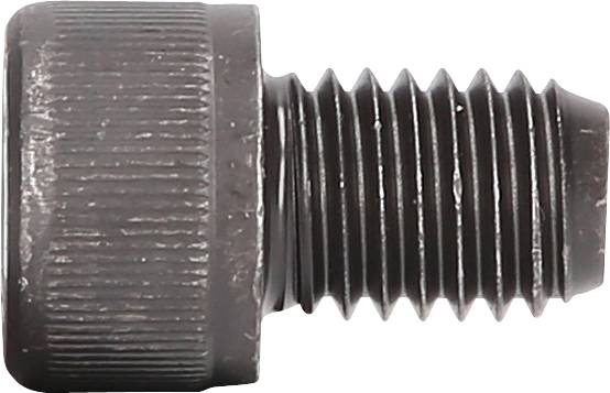Nahaufnahme einer schwarzen, geriffelten Metallschraube mit zylindrischem Kopf und Gewinde, auf neutralem Hintergrund.