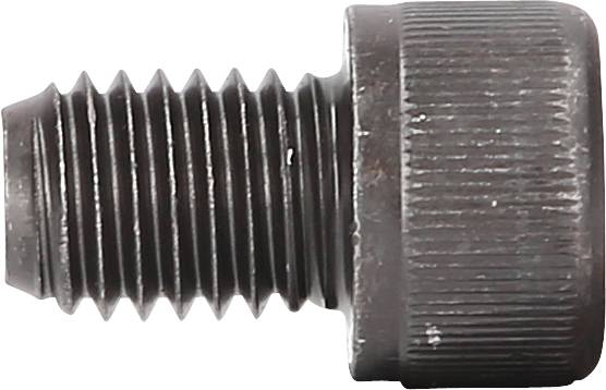Ein schwarzer Metallschraubenkopf mit Rillen und einem kurzen, glatten Bereich an einem Ende, horizontal ausgerichtet.