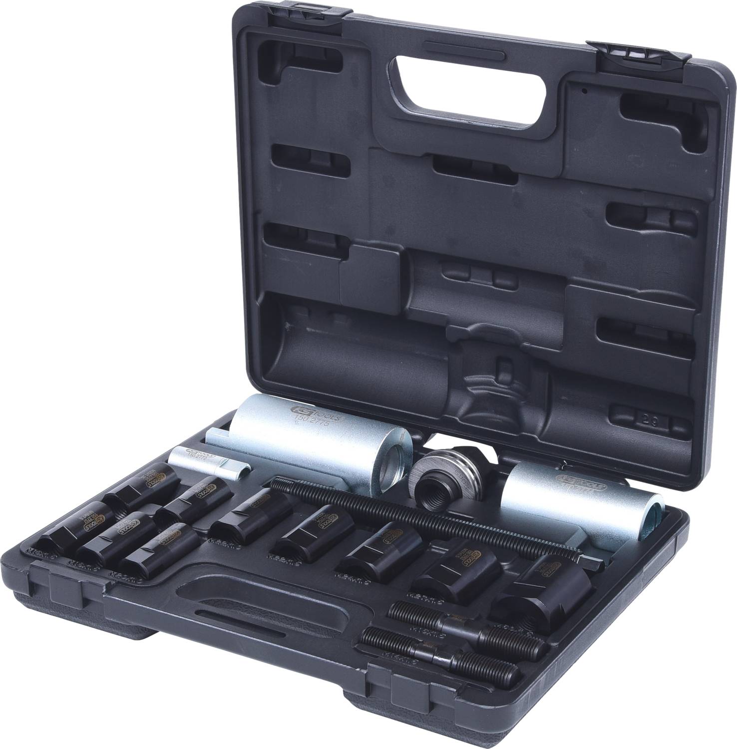 Ein offener Kunststoffkoffer zeigt ein Schraubendreher-Set mit verschiedenen Aufsätzen. Perfekt für vielseitige mechanische Arbeiten.