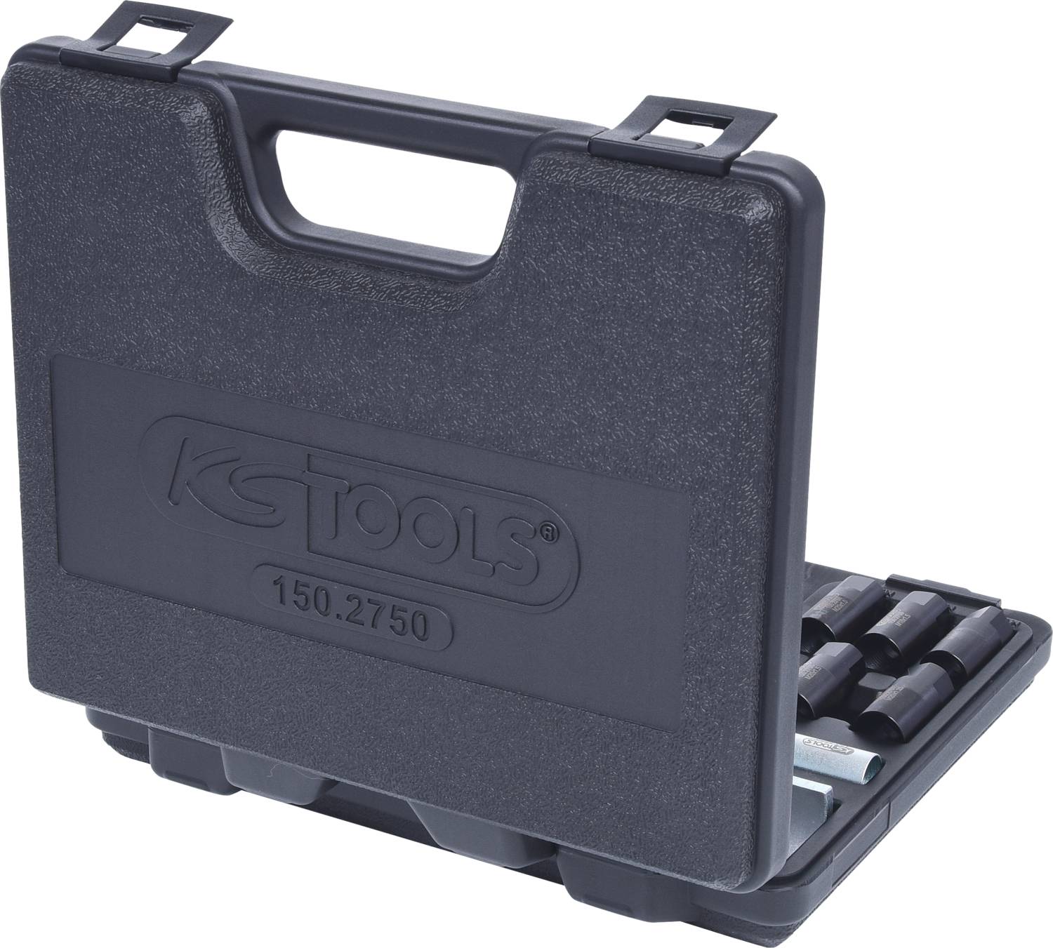 Ein schwarzer Werkzeugkoffer von 'KTOOLS', leicht geöffnet, zeigt verschiedene Steckschlüssel.