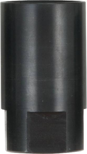 Ein schwarzes, zylindrisches Metallstück mit einer rechteckigen Aussparung am unteren Ende.