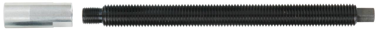 Ein langer, schwarzer, gerippter Metallbolzen neben einem zylindrischen silbernen Metallabschnitt.