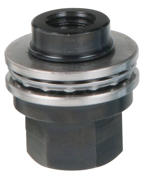 Metallischer Maschinenbauteil mit Gewinde oben, bestehend aus mehreren Schichten und Rillen, vor weißem Hintergrund.