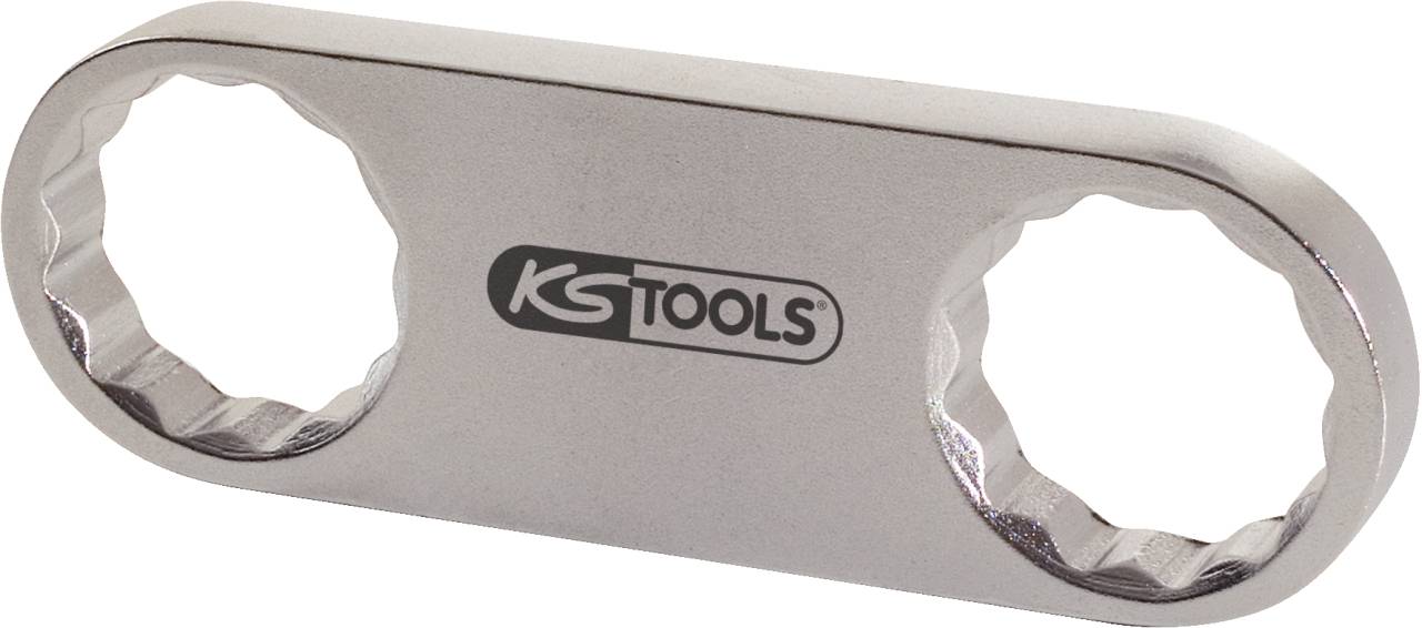 'Flach-Maulschlüssel' mit zwei runden Öffnungen, geeignet für verschiedene Schraubengrößen, aus Metall mit dem 'KS TOOLS'-Logo.