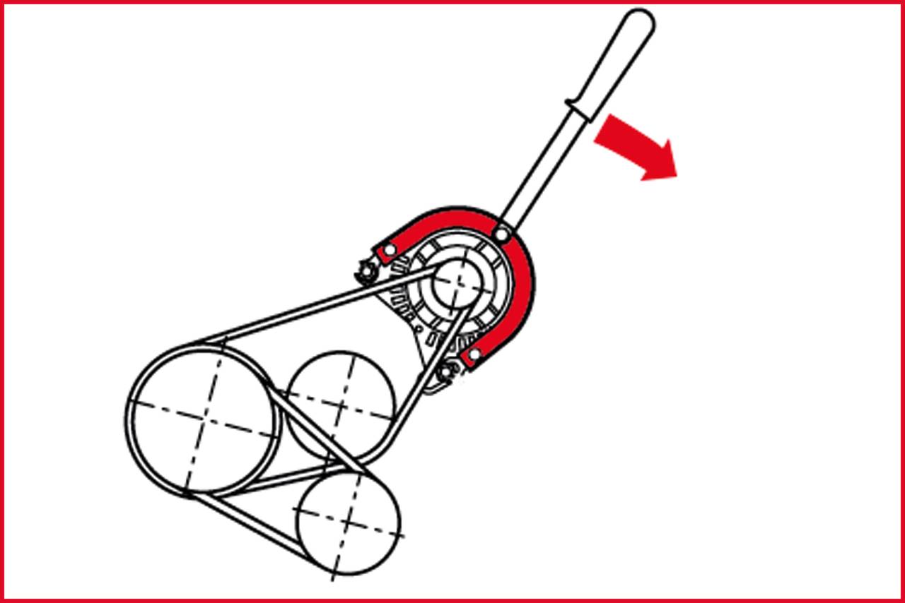 Diagramm eines mechanischen Systems mit Hebel und Rollen. Ein roter Pfeil zeigt die Bewegungsrichtung der Stange an.