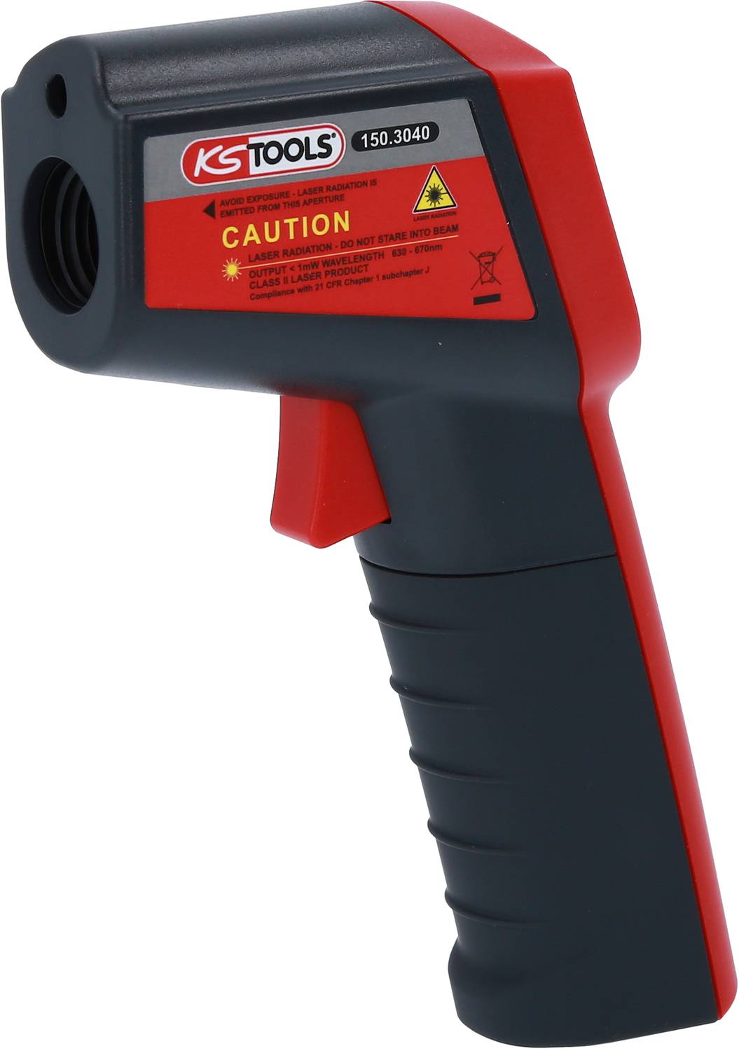 Infrarot-Thermometer mit ergonomischem Griff. Aufkleber mit Warnhinweisen und Logo auf der Oberseite. Ideal zur Temperaturmessung.