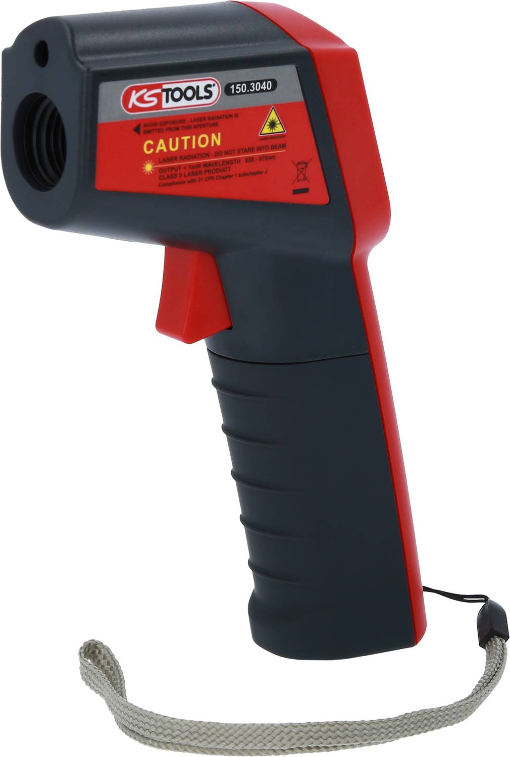 Hand-Infrarot-Thermometer in Schwarz und Rot mit einem grauen Griff und einer Warnbeschriftung auf der Vorderseite.