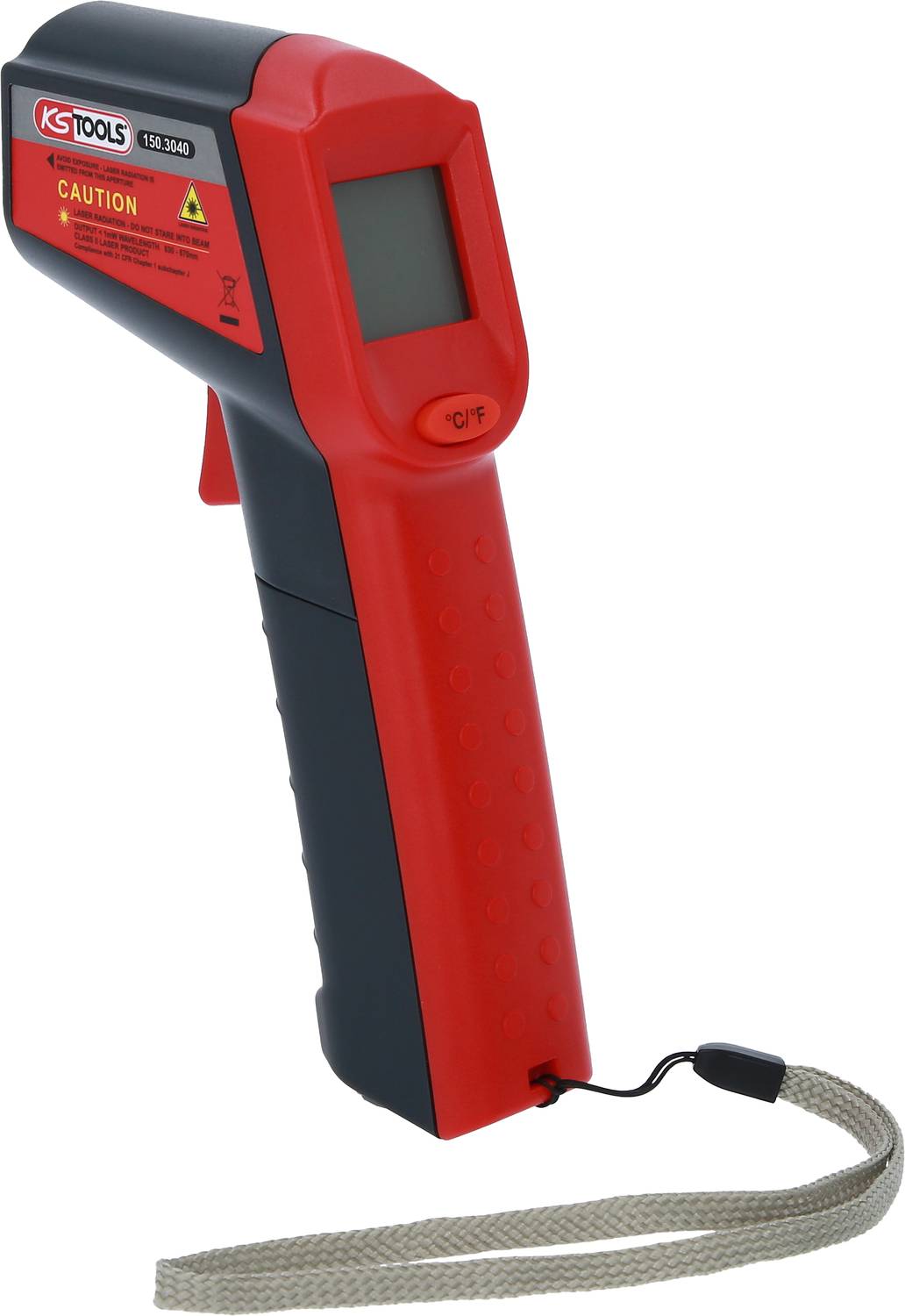 Ein rotes Infrarot-Thermometer zur berührungslosen Temperaturmessung, mit digitalem Display und Trageschlaufe.