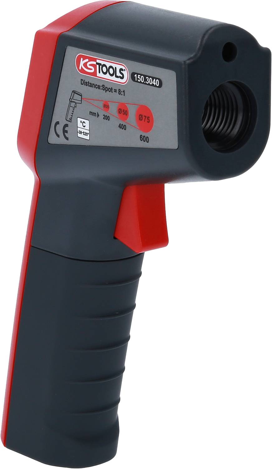 Ein rotes und graues Infrarot-Thermometer mit einem digitalen Display misst Temperaturen aus der Distanz.