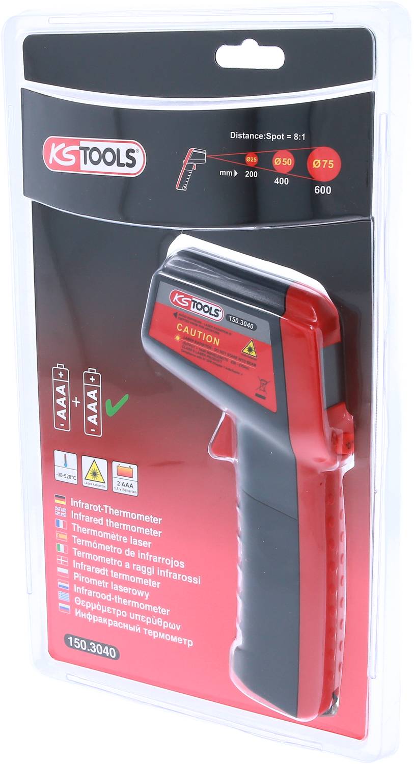 Infrarot-Thermometer in Verpackung von KS Tools, zeigt Temperaturmessbereich und Abstandspunktverhältnis. Enthält AAAA-Batterien.