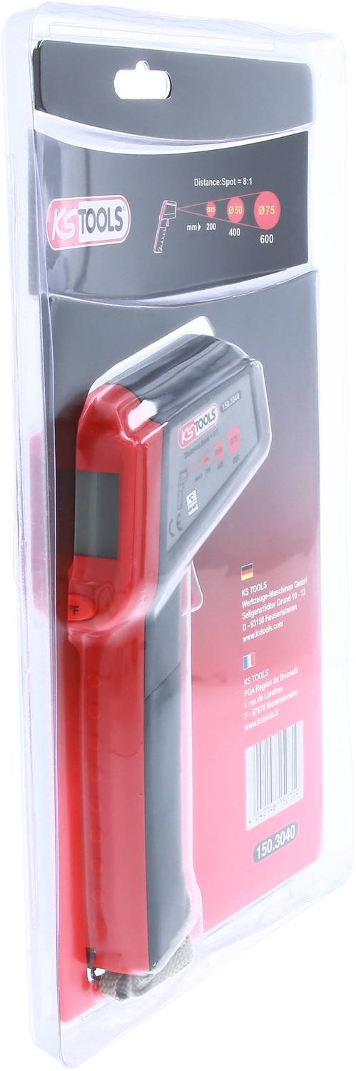 Verpacktes Infrarot-Thermometer mit rotem und schwarzem Gehäuse. Display und Bedienelemente sichtbar. Marke: KS Tools.