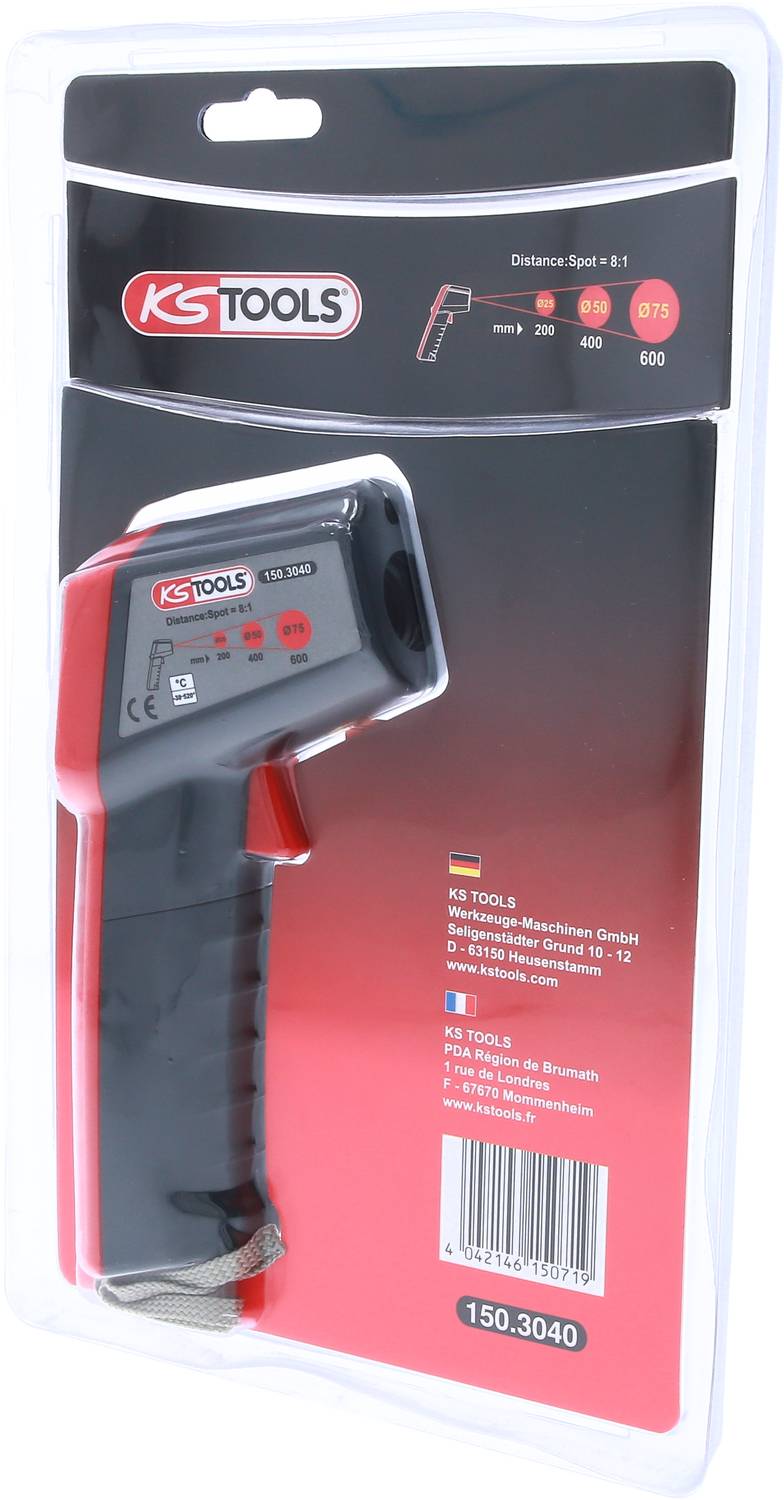 Thermometerpistole von KS Tools in Originalverpackung mit Messbereichsanzeige.