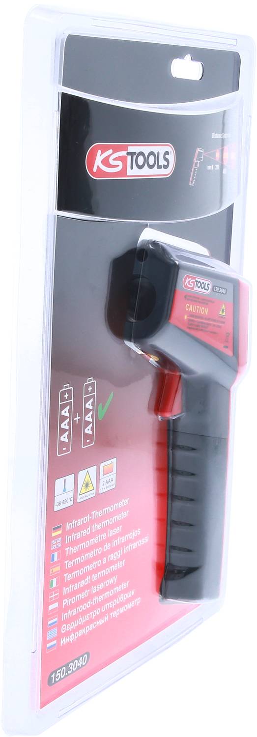 Verpackung mit einem Infrarot-Thermometer der Marke KS Tools, geeignet für Temperaturmessungen. Enthält eine Anleitung in mehreren Sprachen.