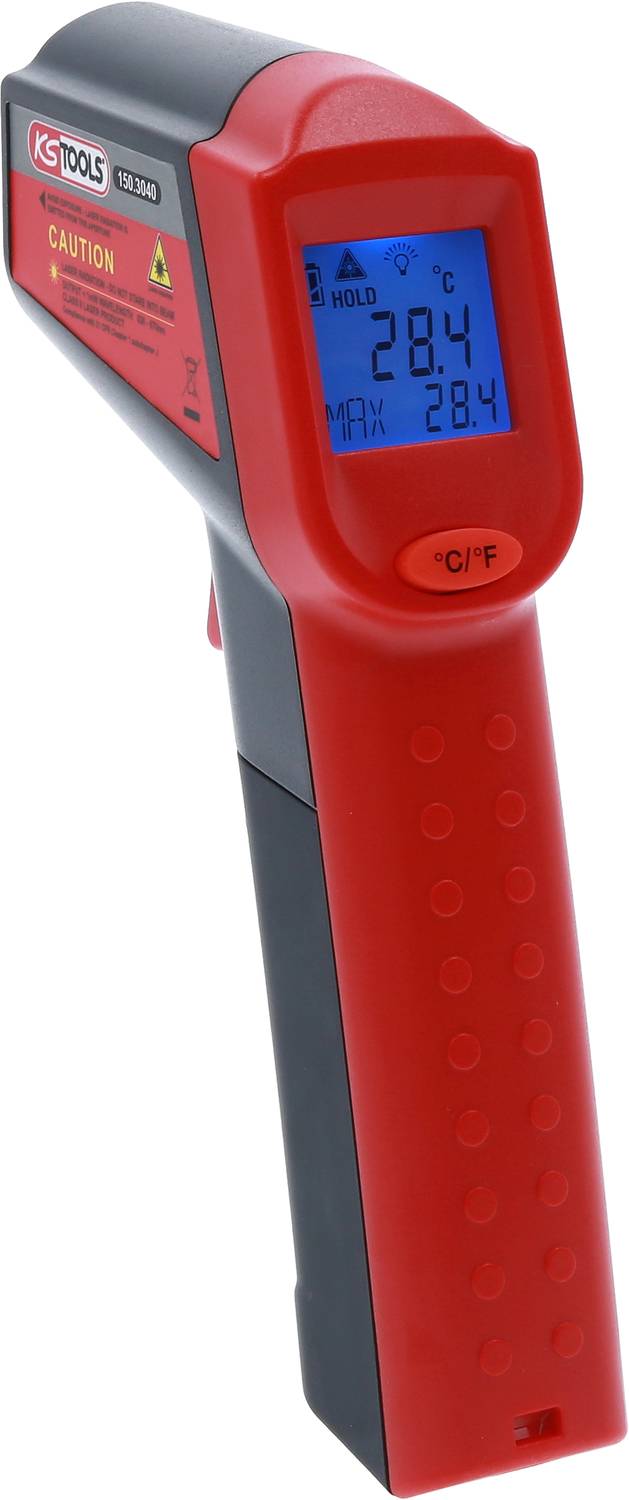 Ein Infrarot-Temperaturmessgerät mit rotem Gehäuse zeigt eine aktuelle Temperatur von 28,4°C auf einem blauen Display an.