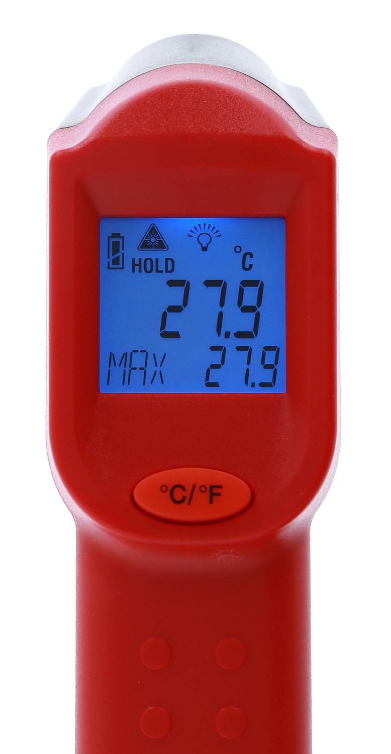 Rotes Infrarot-Thermometer mit blauem Display zeigt 27,9 °C an. Funktionen: Hold, Licht, °C/°F-Umschaltung.