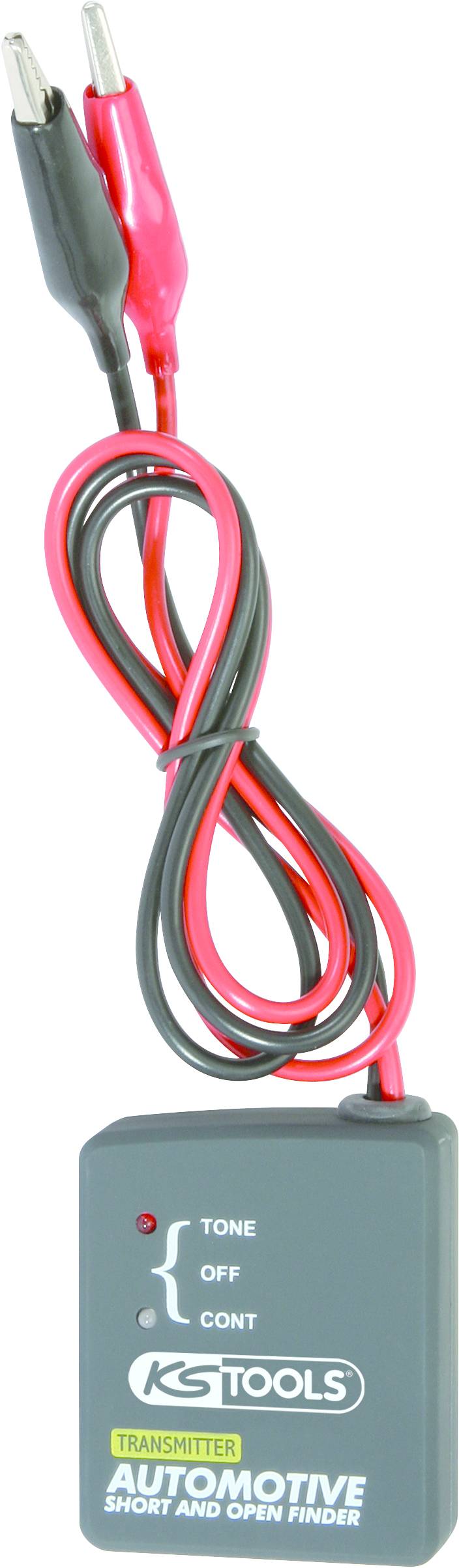 Ein graues Gerät mit roten und schwarzen Kabeln zur Fehlererkennung in Automotoren von KS Tools. Beschriftet mit 'Tone', 'Off', 'Cont'.