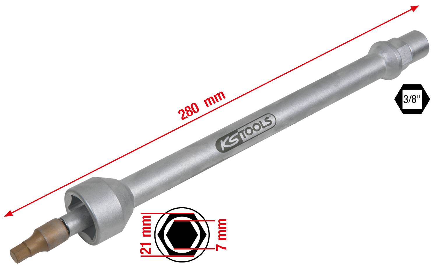 Langer 3/8-Zoll-Steckschlüssel mit 280 mm Länge, 7 mm Sechskant-Bit und 21 mm Breite. Markiert mit 'KS-Tools'-Logo.