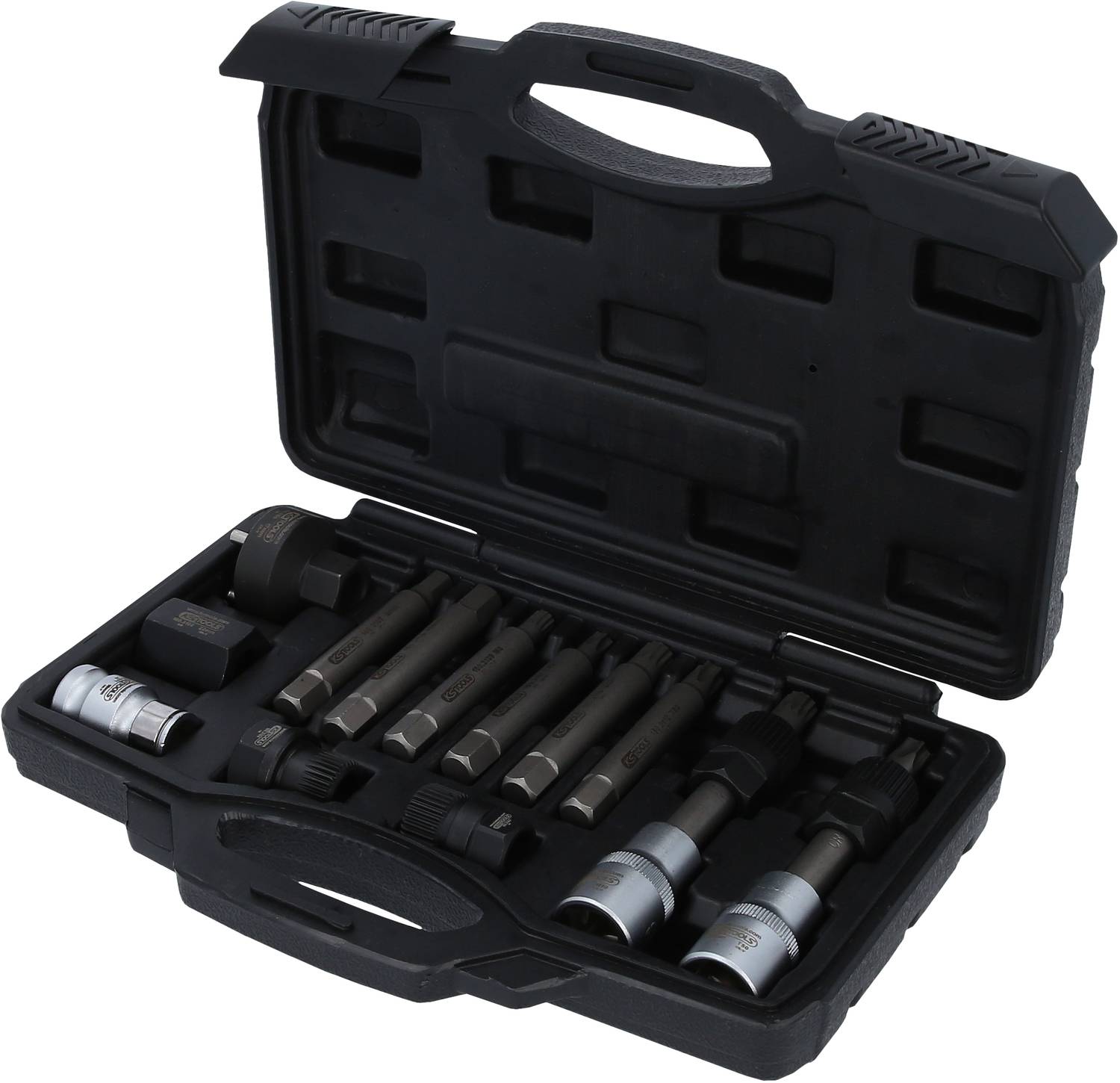 Ein offener Werkzeugkoffer mit verschiedenen Steckschlüsseln und Aufsätzen.