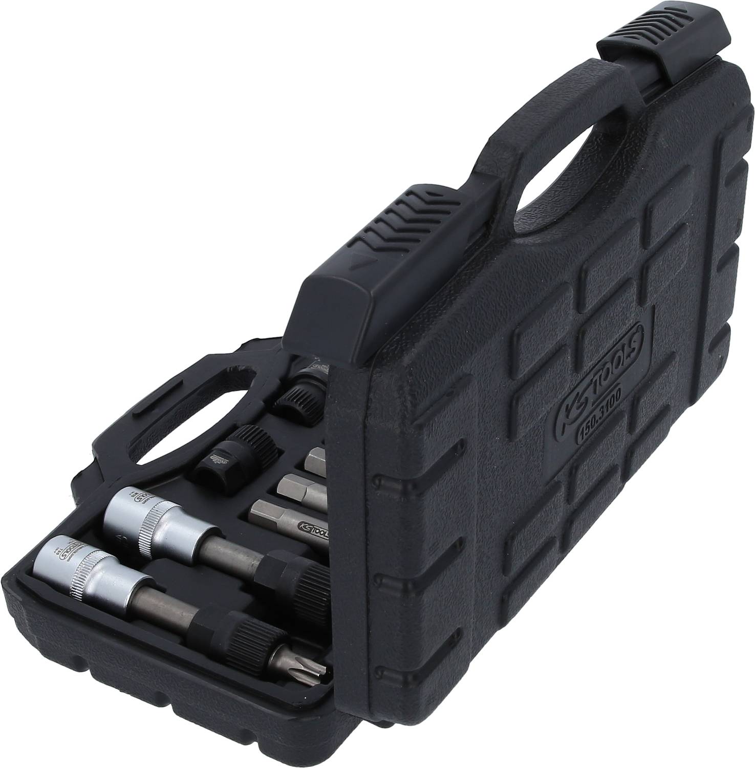 Satz mit Bits in einem offenen schwarzen Werkzeugkoffer, verschiedene Größen und Formen sichtbar.