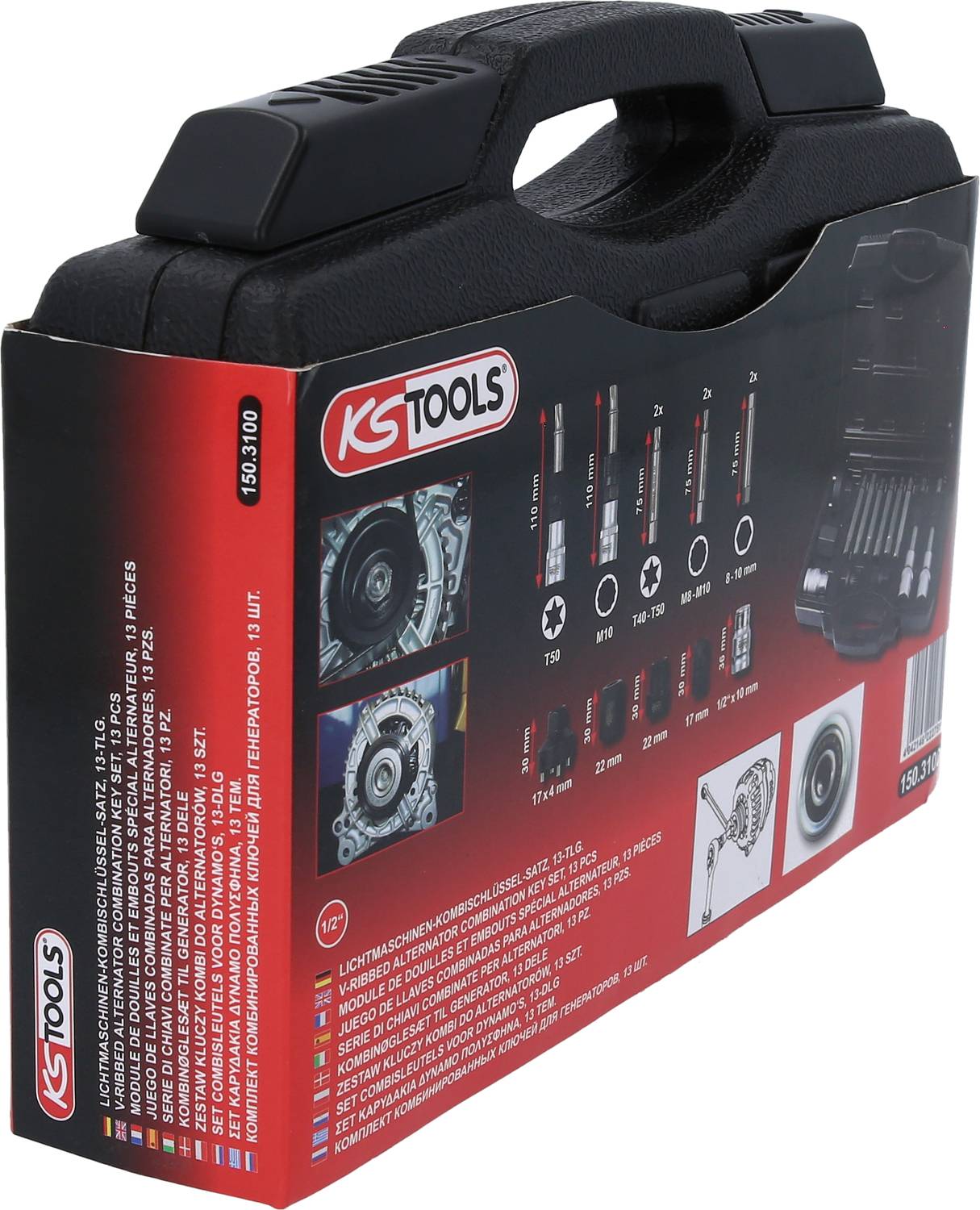 Schwarzer Werkzeugkoffer mit rotem Etikettaufdruck, zeigt Bilder von Inhalten: diverse Steckschlüsseleinsätze und -größen.