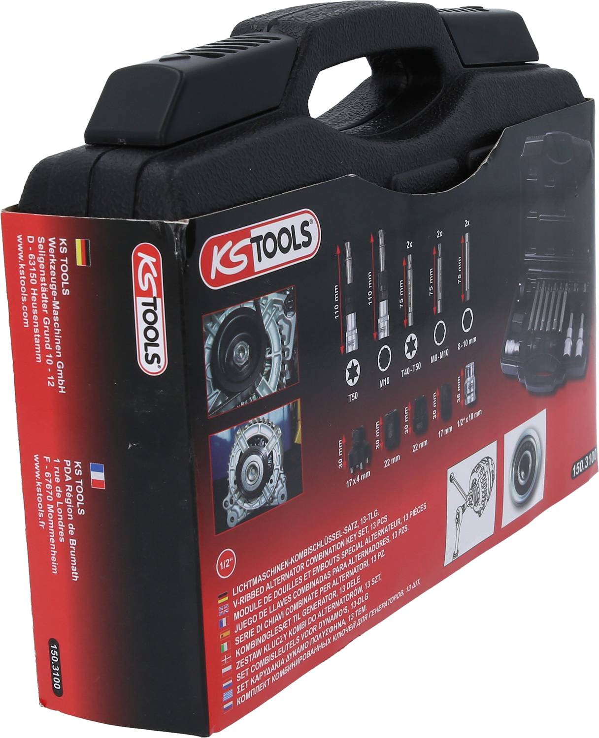 Schwarzer Werkzeugkoffer von KS Tools mit rotem Branding und abgebildetem Inhalt: verschiedene Schraubenschlüssel, Ratschen und Zubehör.