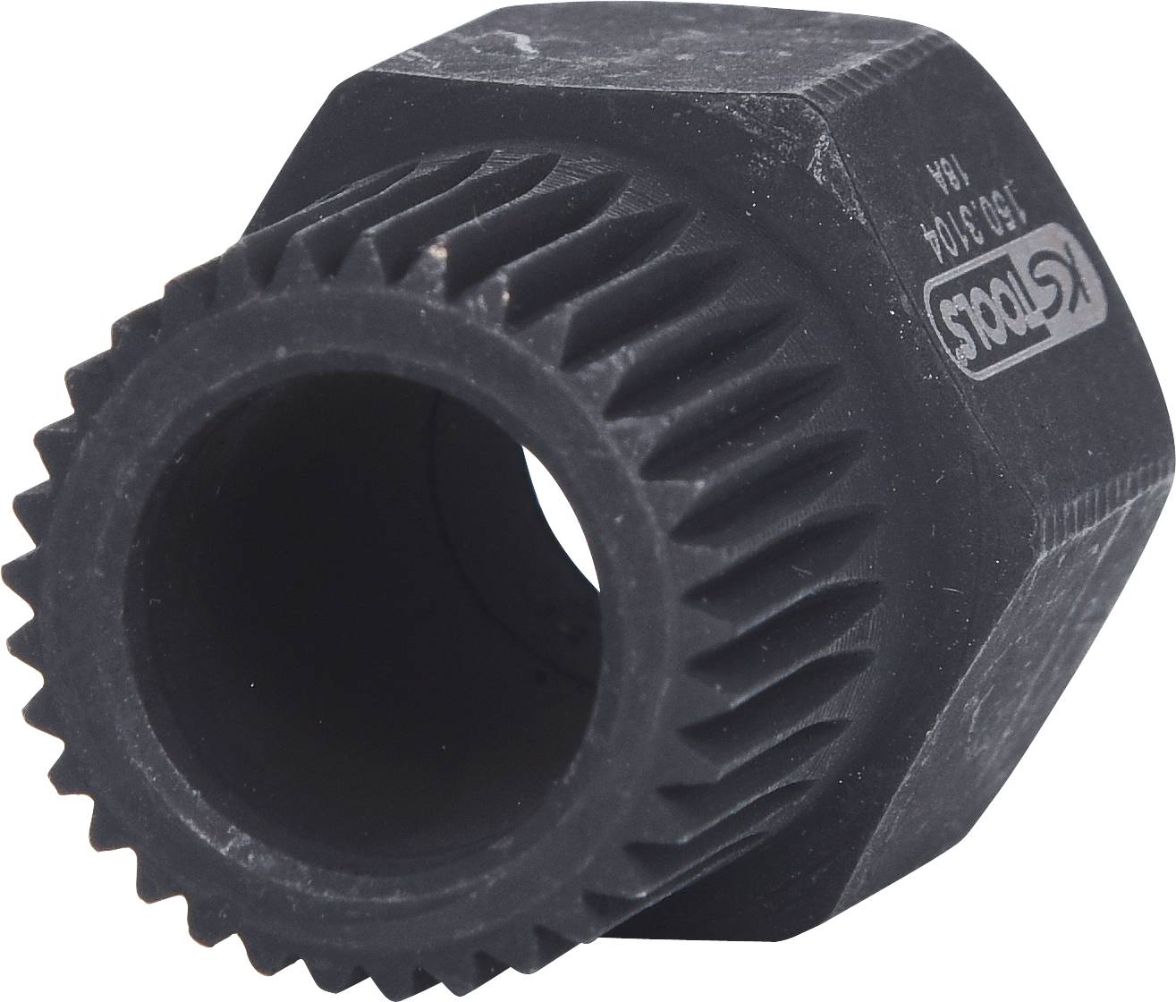 Ein schwarzes, gezahntes Werkzeug mit der Aufschrift 'KS Tools' an der Seite, wahrscheinlich ein Steckschlüssel oder Adapteraufsatz.