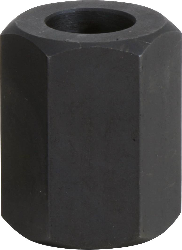 Ein schwarzes, sechseckiges Metallstück mit einem Loch in der Mitte, möglicherweise ein Industriewerkzeug oder eine Maschinenkomponente.