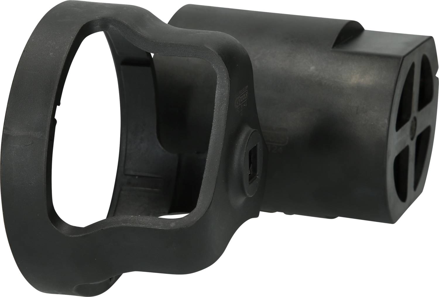 Schwarzes Kunststoffteil mit rechteckigem und offenem runden Ende. Verwendet als Befestigungselement oder Adapter in mechanischen Anwendungen.