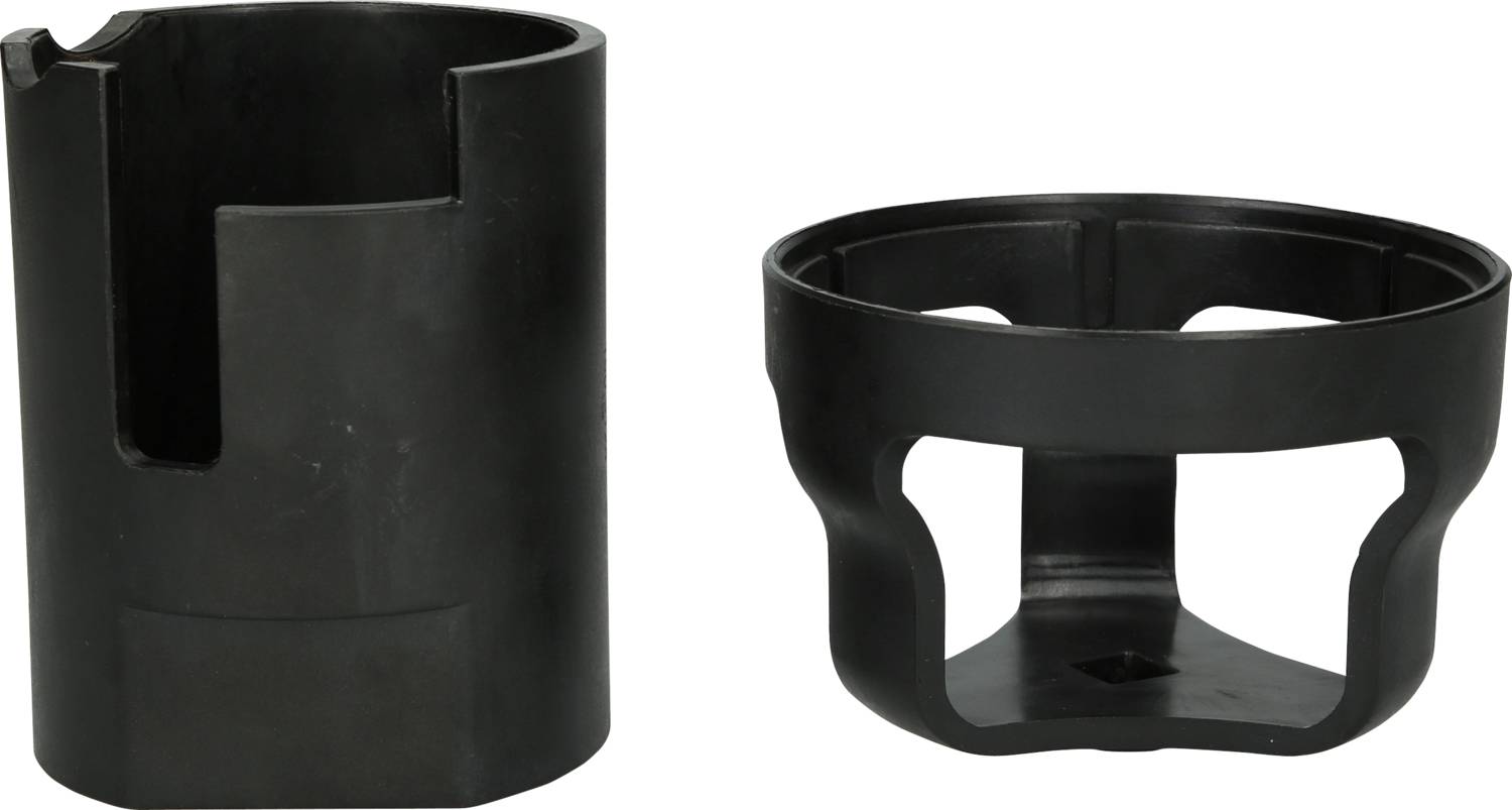Zwei schwarze Kunststoffhalter, einer zylindrisch und geschlossen, der andere offen mit vier Stützen. Beide dienen als Halterungen.