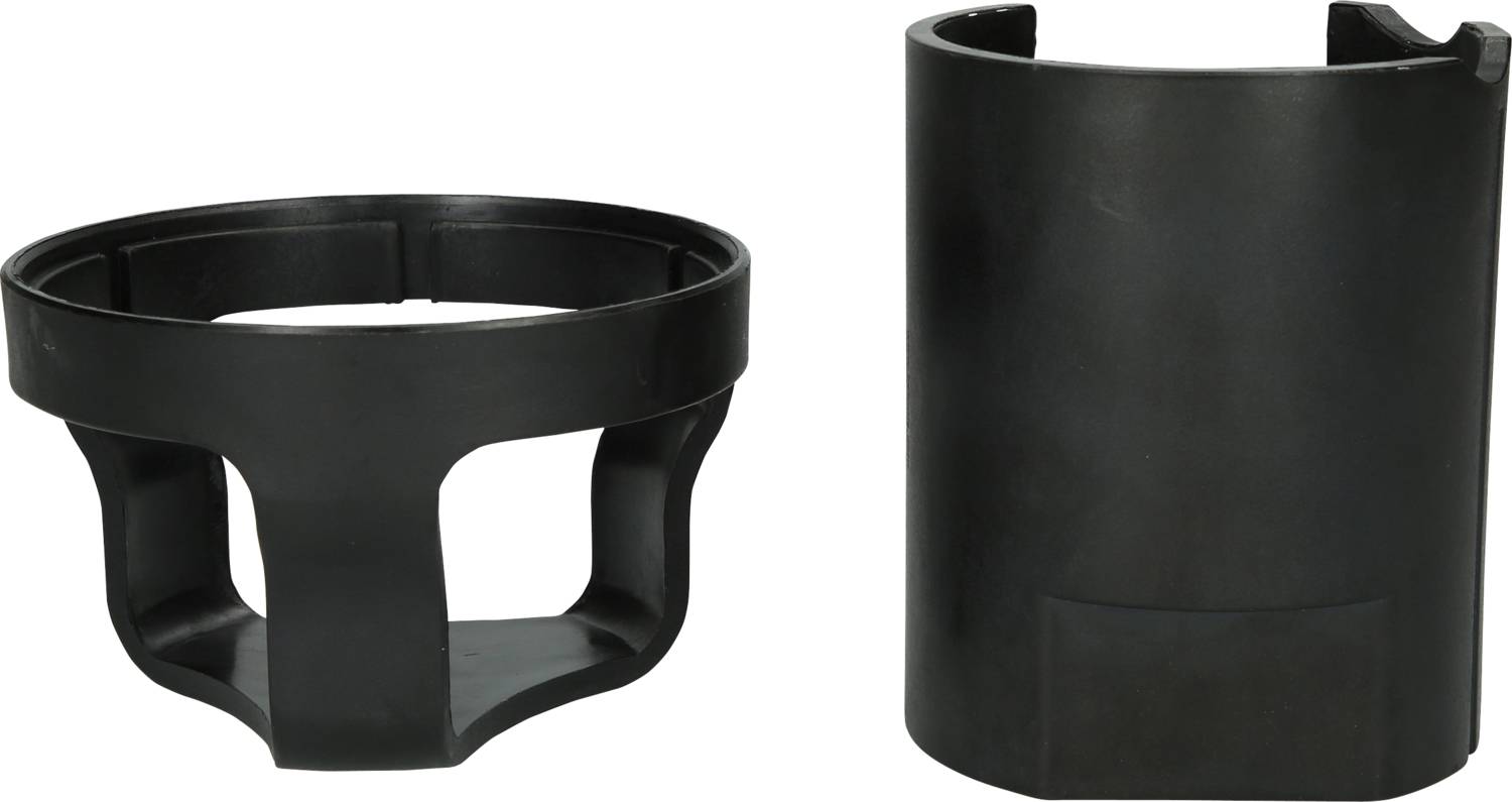 Zwei schwarze Kunststoffteile; links ein ringförmiges Element und rechts ein zylindrischer Behälter. Sie könnten zusammenpassen.