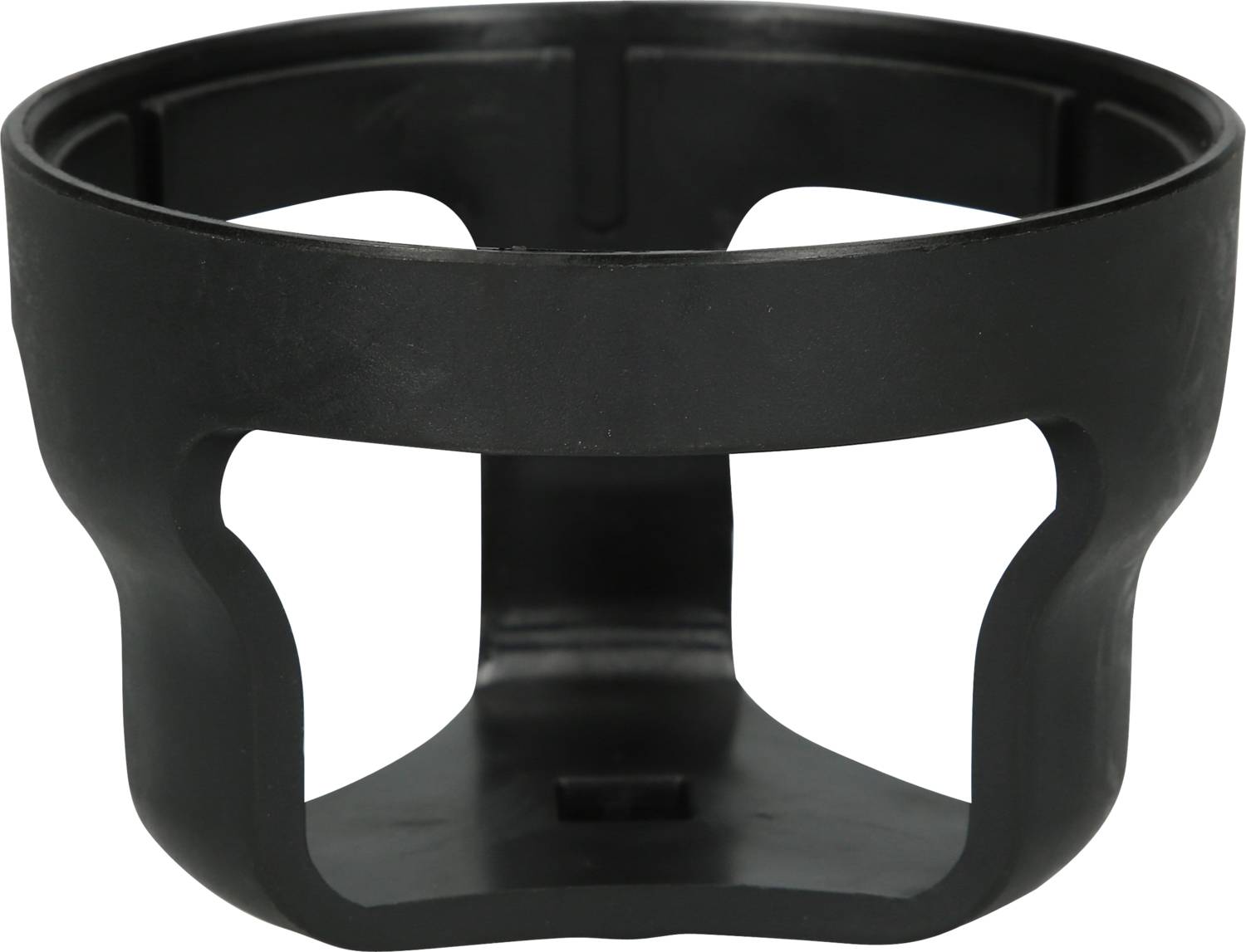 Eine schwarze Plastikhalterung mit einem runden, offenen Design. Sie hat geschwungene Stützstrukturen und ist vermutlich für einen spezifischen funktionalen Einsatz gedacht.