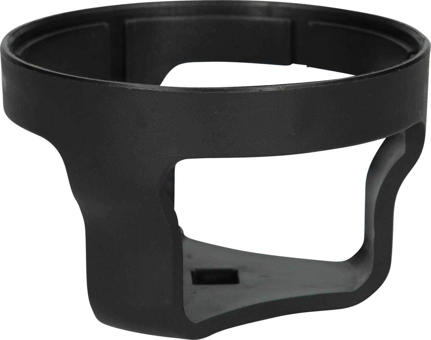 Ein schwarzes Kunststoffteil, das wie ein Halter oder eine Halterung geformt ist, mit offener Unterseite und Seiten.