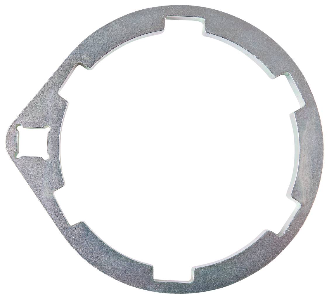 Ein rundes, flaches Metallteil mit abgerundeten Zacken an der Innenseite und einer seitlichen Lasche. Möglicherweise ein Maschinenelement.