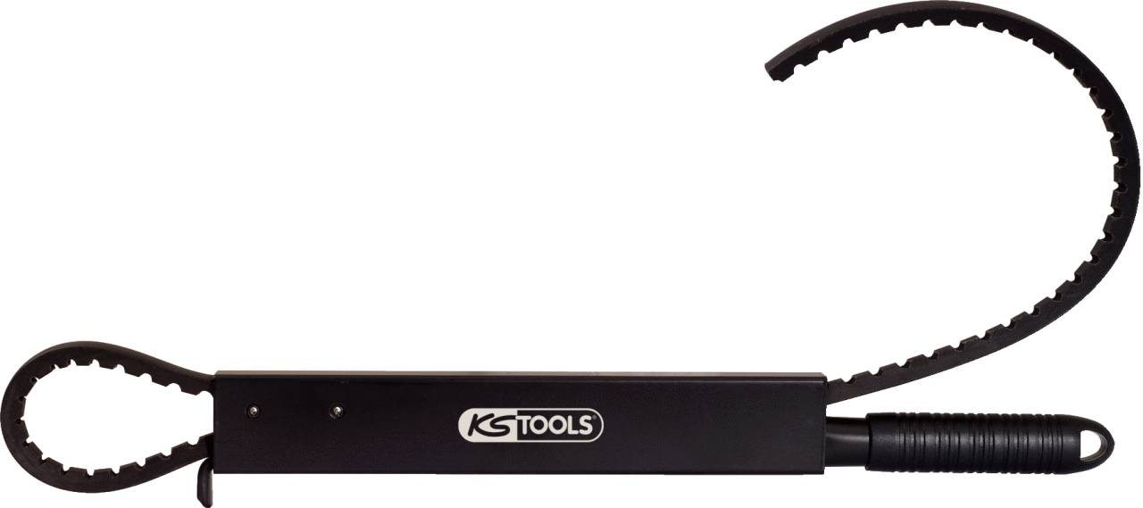 Schwarzes Werkzeug mit flexiblem Griff und Schlaufe zur Montage oder Demontage, mit Logo 'KS TOOLS' auf der Seite.