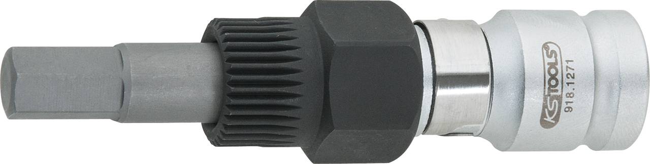 Ein Steckschlüsselaufsatz aus Metall mit Sechskantprofil und Verzahnung, hergestellt von KS Tools, abgebildet von der Seite.