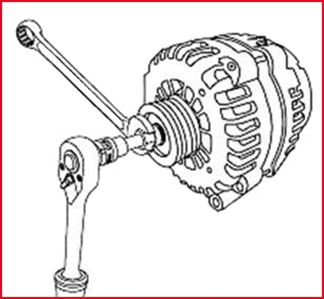Zeichnung zeigt die Vorderansicht eines Generators mit einem Schraubenschlüssel, der auf eine Schraube an der Seite des Generators gehalten wird.