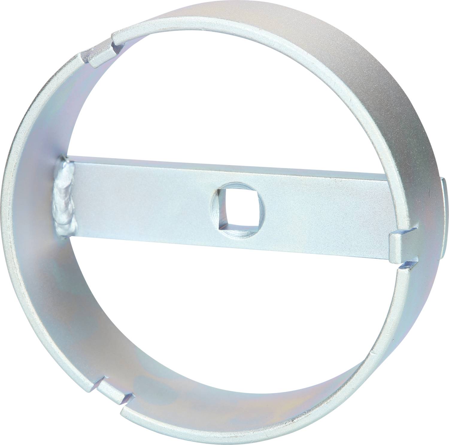 Metallring mit Querstange und quadratischer Aussparung in der Mitte, vermutlich ein Befestigungs- oder Montageelement.