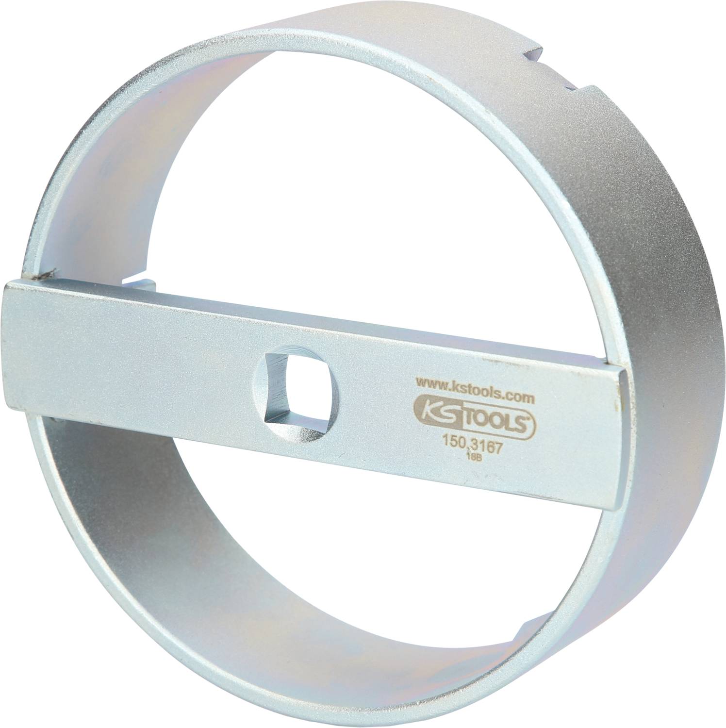Metallischer Ölfilterschlüssel von KS Tools für das Entfernen und Installieren von Ölfiltern. Runde Form mit Griff im Inneren.