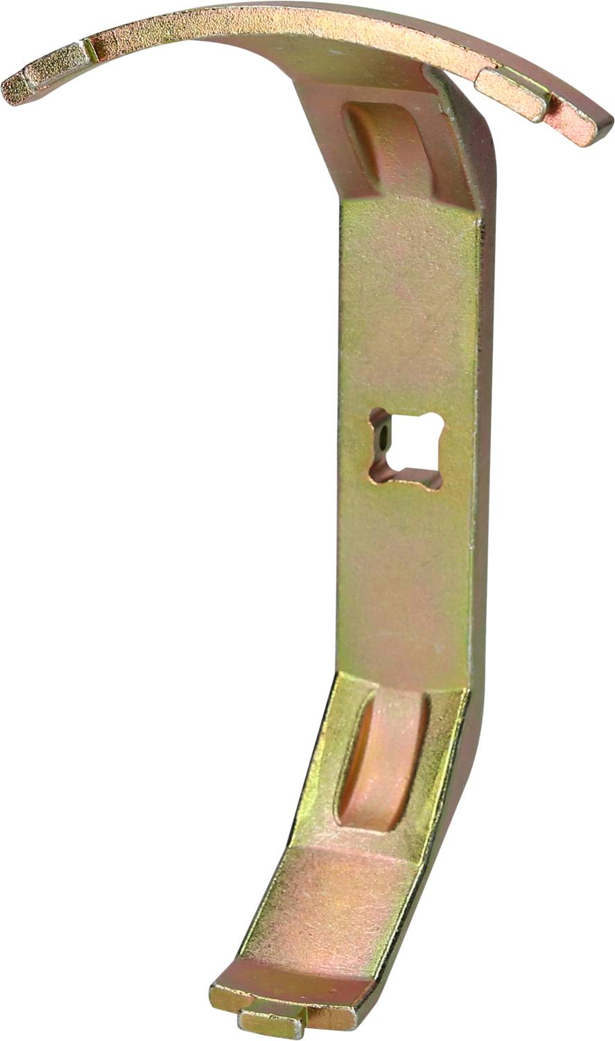 Metallischer Krallenanker, seitlich gebogen, mit Befestigungslöchern zur Stabilisierung an Balken oder Strukturverbindungen.
