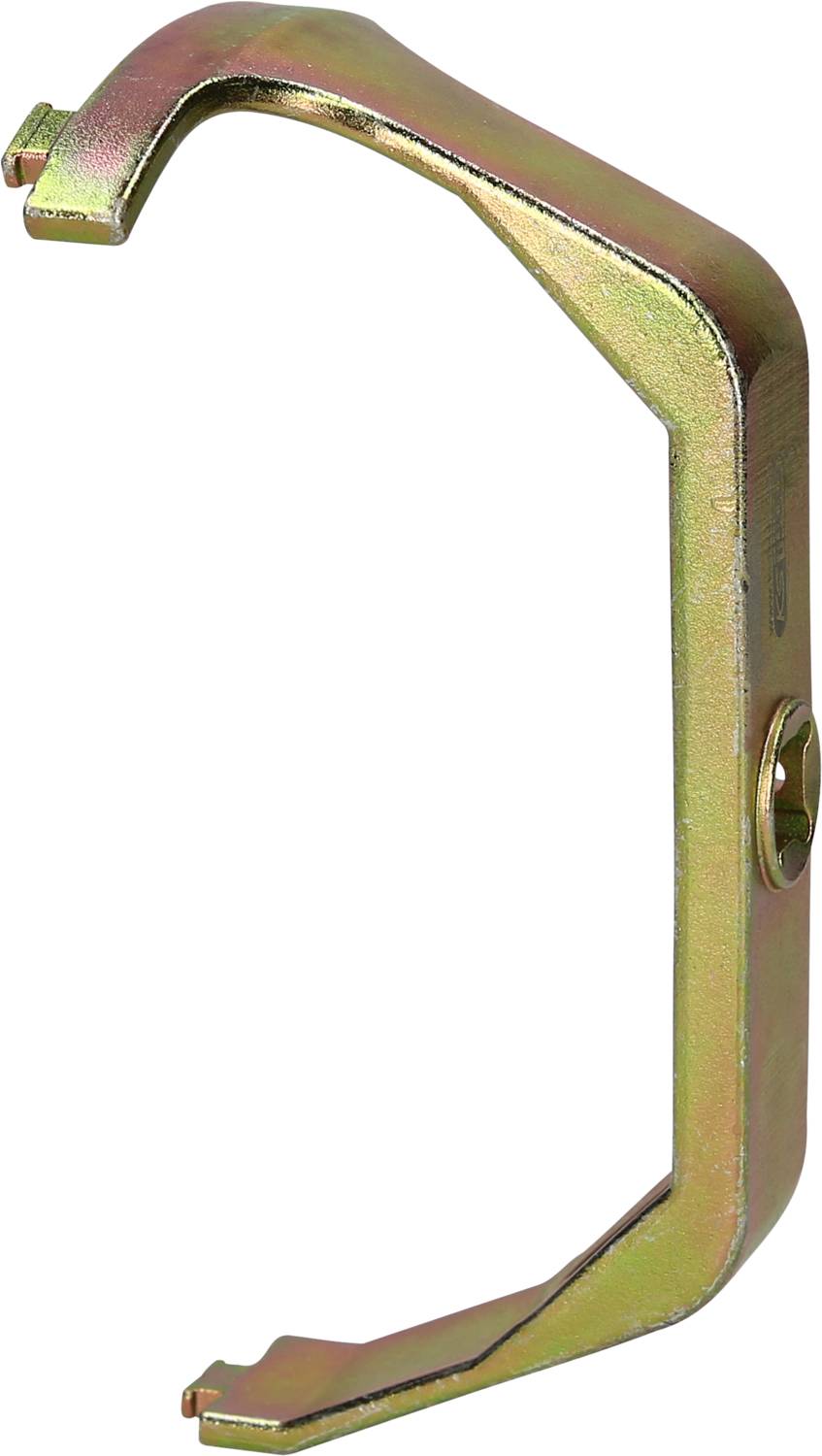 Metallisches, C-förmiges Bauteil mit einem zentralen Befestigungsloch, möglicherweise ein Halter oder eine Klammer zur Montage.
