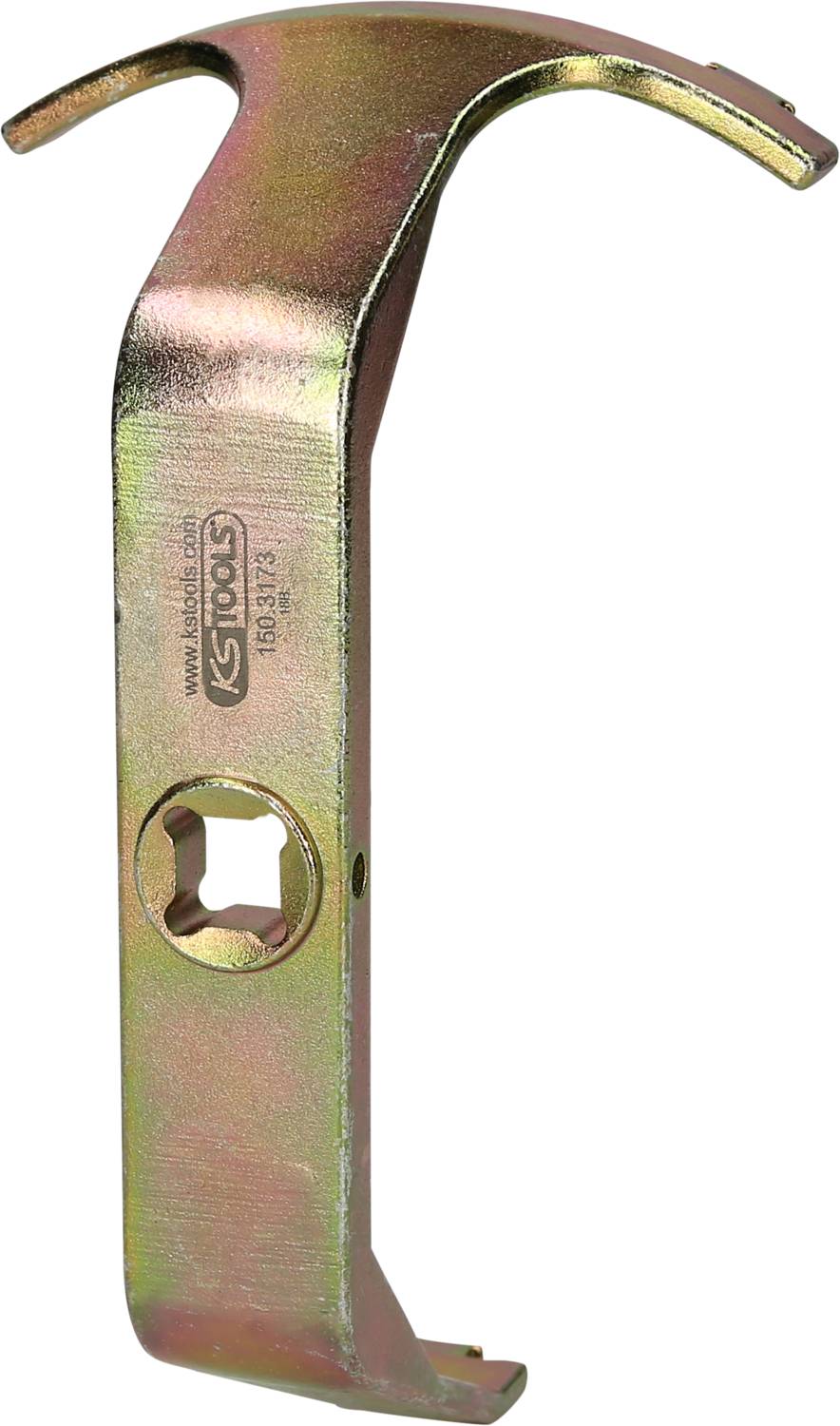 Metallisches Werkzeug mit zwei Haken und einer sechseckigen Öffnung in der Mitte, vermutlich zum Anziehen oder Lösen von Bolzen.
