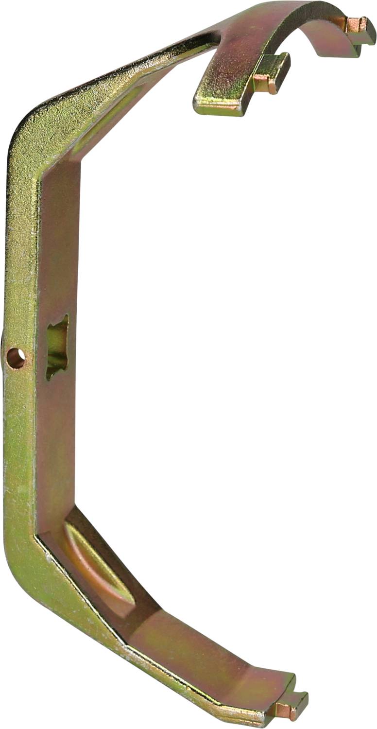 Metallklammer mit gebogener Form, Löchern und kleinen Vorsprüngen, möglicherweise ein Teil eines Befestigungssystems.