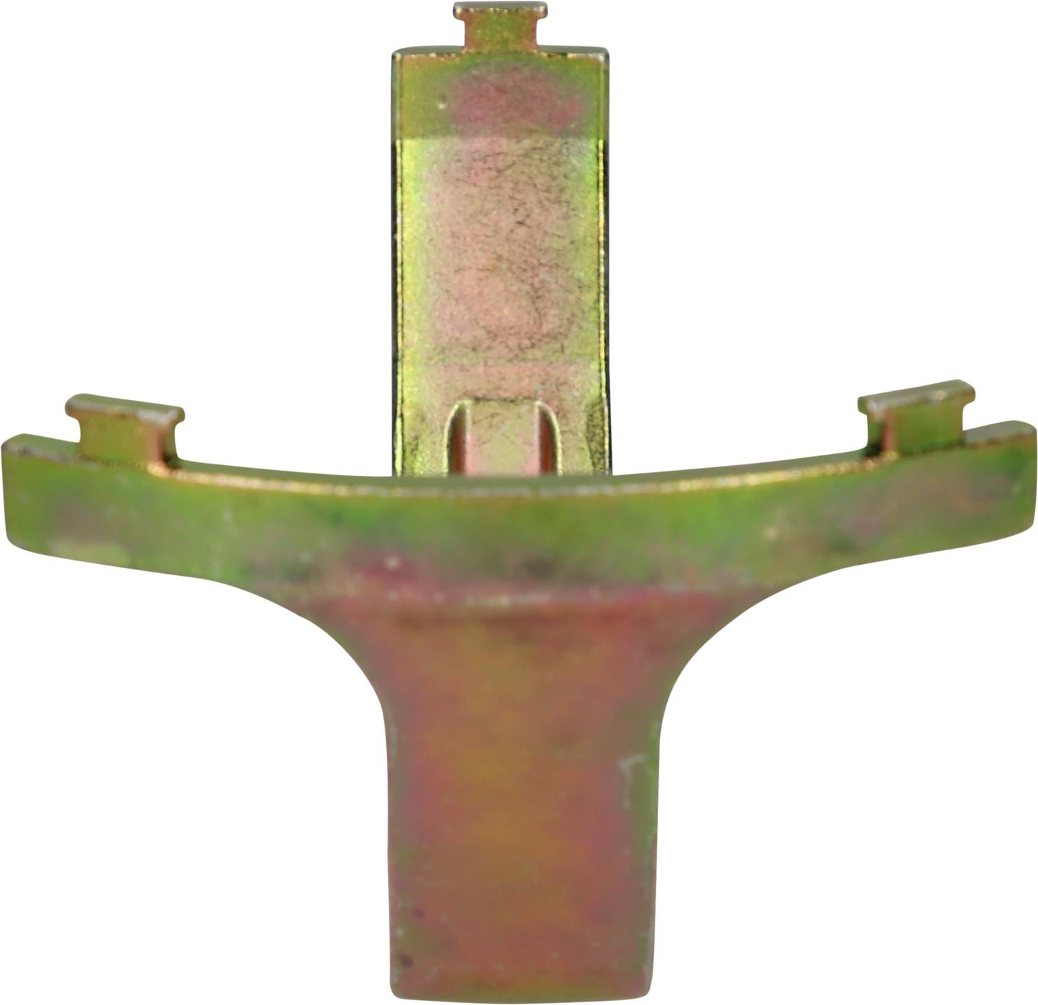Ein metallisches Bauteil in T-Form mit drei seitlichen Ankopplungspunkten und glatter Oberfläche, vermutlich ein Verbindungselement.