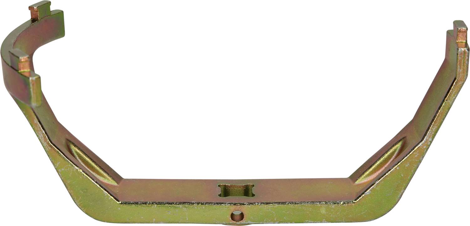 Metallischer Halter in U-Form, wahrscheinlich ein Teil einer größeren mechanischen Konstruktion. Goldfarbene Beschichtung.