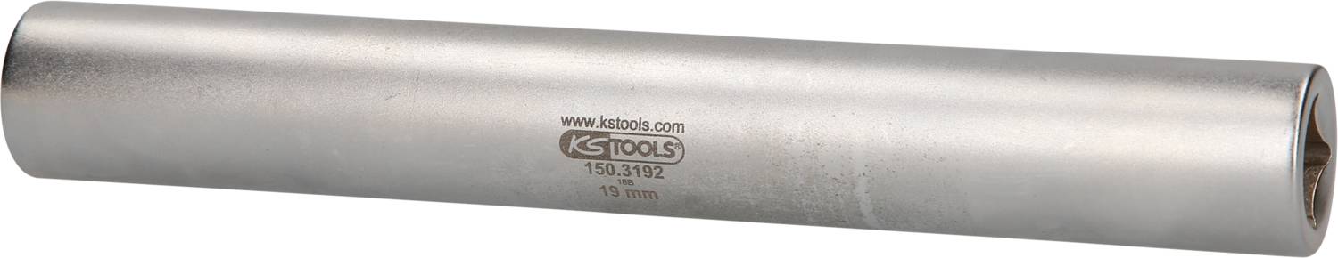 Langer, zylindrischer Steckschlüssel, silberfarben, mit 'KS Tools'-Logo und Größenangabe '19 mm' auf der Seite.